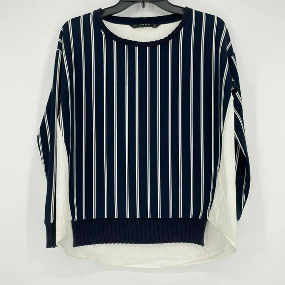 Zara Basic Blouse Womens Sz S Black White Striped Crew Neck Pullover Long Sleeve - Picture 2 of 9